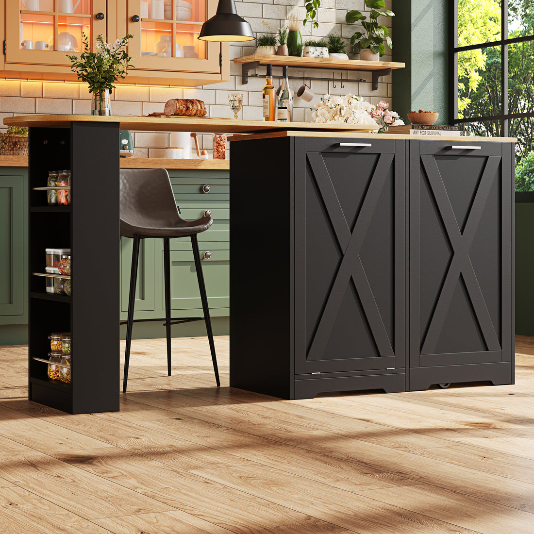 360 Rotating Kitchen Island, Modern Minimalist, Multifunctional Storage Cabinet, Ideal For Bedroom Living Room Dining Room, Swivel Sideboard With Side Shelves, Black Finish, Folding Door Design