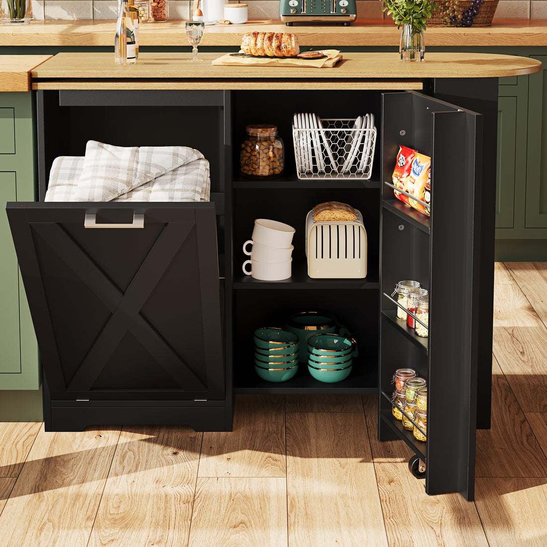 360 Rotating Kitchen Island, Modern Minimalist, Multifunctional Storage Cabinet, Ideal For Bedroom Living Room Dining Room, Swivel Sideboard With Side Shelves, Black Finish, Folding Door Design