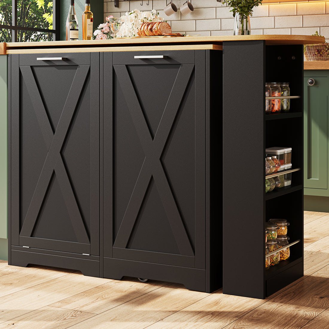 360 Rotating Kitchen Island, Modern Minimalist, Multifunctional Storage Cabinet, Ideal For Bedroom Living Room Dining Room, Swivel Sideboard With Side Shelves, Black Finish, Folding Door Design