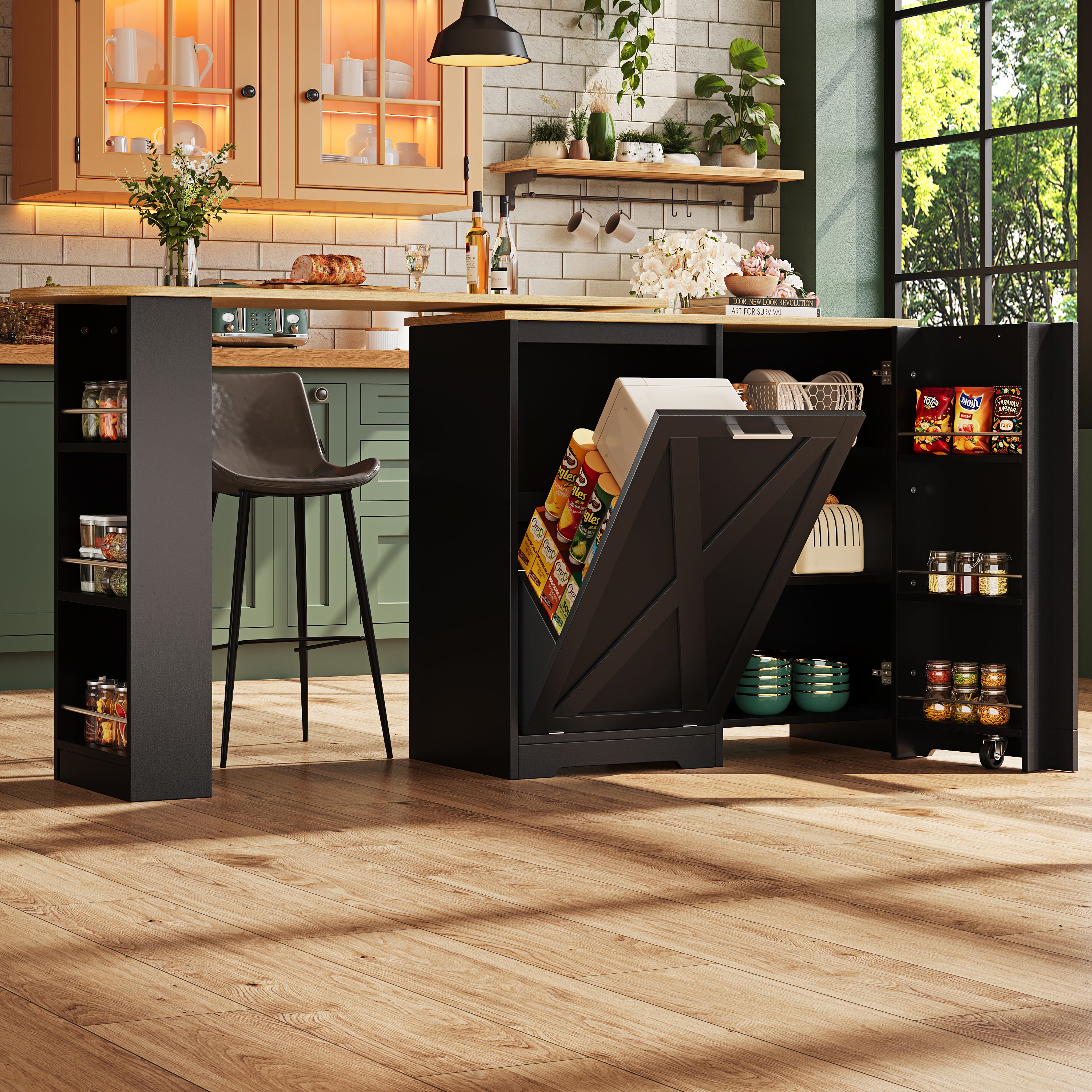 360 Rotating Kitchen Island, Modern Minimalist, Multifunctional Storage Cabinet, Ideal For Bedroom Living Room Dining Room, Swivel Sideboard With Side Shelves, Black Finish, Folding Door Design