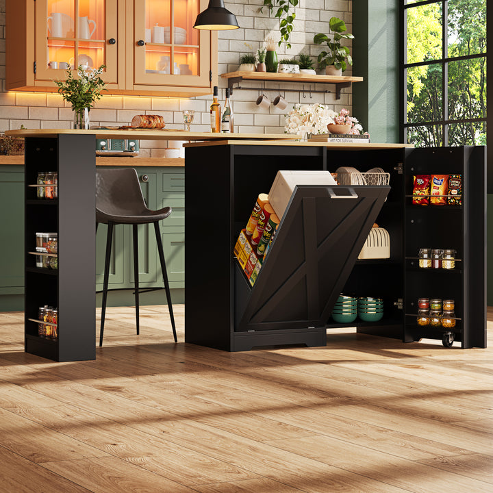 360 Rotating Kitchen Island, Modern Minimalist, Multifunctional Storage Cabinet, Ideal For Bedroom Living Room Dining Room, Swivel Sideboard With Side Shelves, Black Finish, Folding Door Design