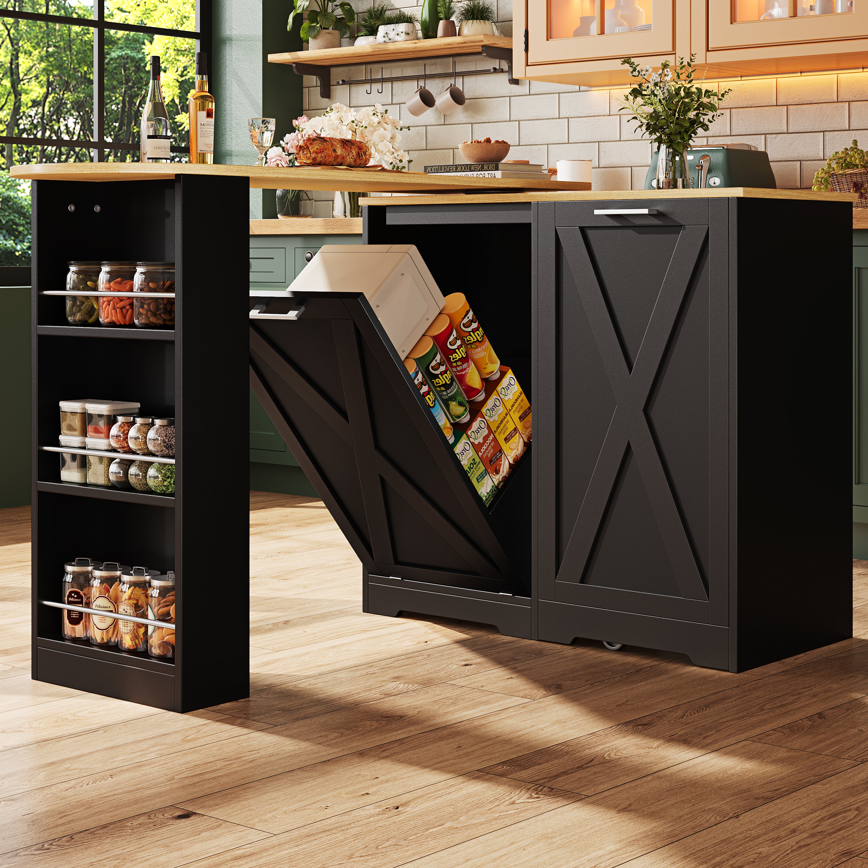 360 Rotating Kitchen Island, Modern Minimalist, Multifunctional Storage Cabinet, Ideal For Bedroom Living Room Dining Room, Swivel Sideboard With Side Shelves, Black Finish, Folding Door Design